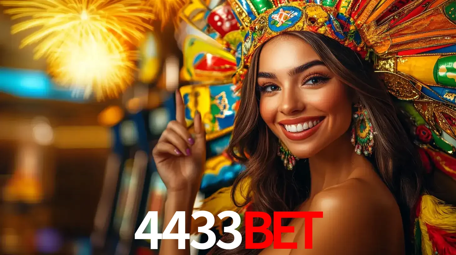 Mulher sorridente com um cocar de carnaval vibrante e colorido, celebrando uma grande vitória nos jogos do cassino 4433bet com fogos de artifício ao fundo.