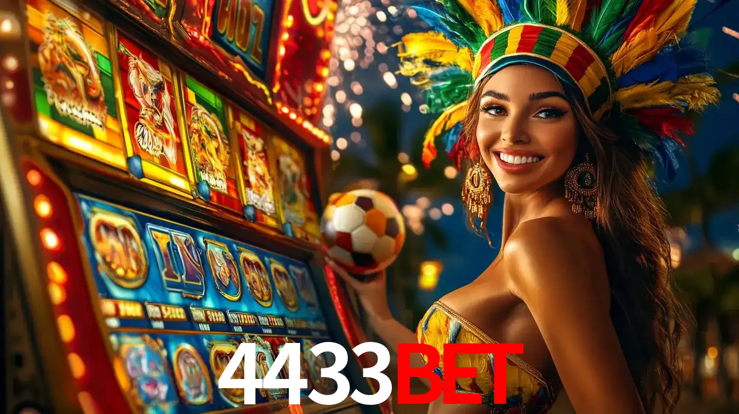 Mulher com um cocar de carnaval ao lado de uma máquina de caça-níqueis enquanto segura uma bola de futebol, mostrando a união da diversão de cassino e esportes no 4433bet.