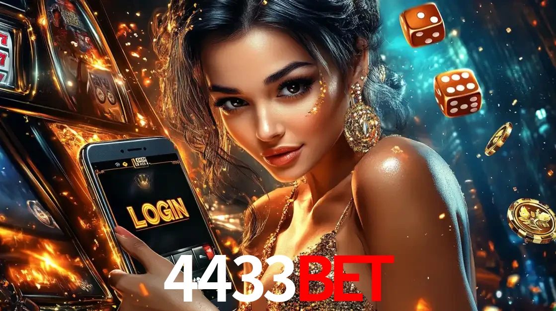Mulher glamourosa segurando um celular com a tela de login do cassino 4433bet, rodeada por dados e moedas douradas, pronta para começar a diversão.