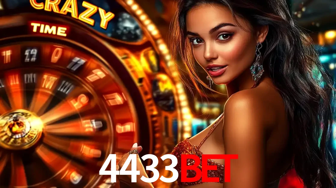 Mulher ao lado da roda de prêmios do jogo de cassino ao vivo Crazy Time, um dos shows de jogos mais emocionantes oferecidos pela plataforma de apostas 4433bet.