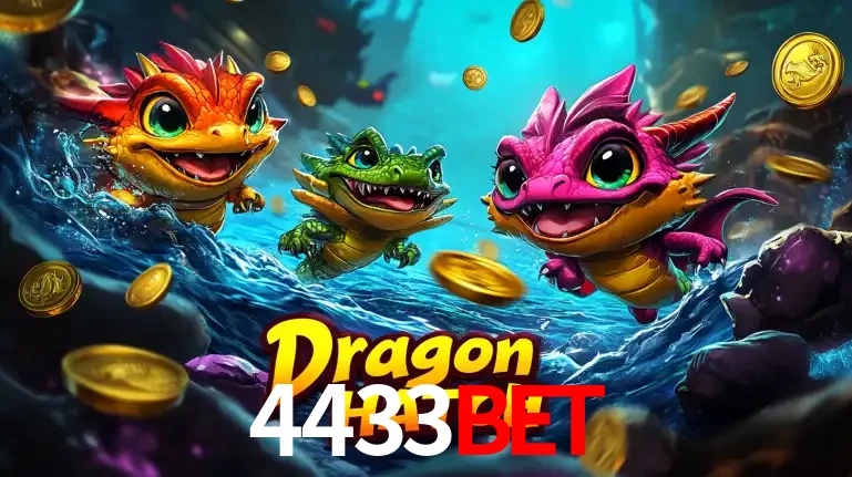 Arte promocional do jogo Dragon Hatch com três adoráveis dragões bebês nadando entre moedas de ouro, um dos slots mais divertidos para jogar no cassino 4433bet.