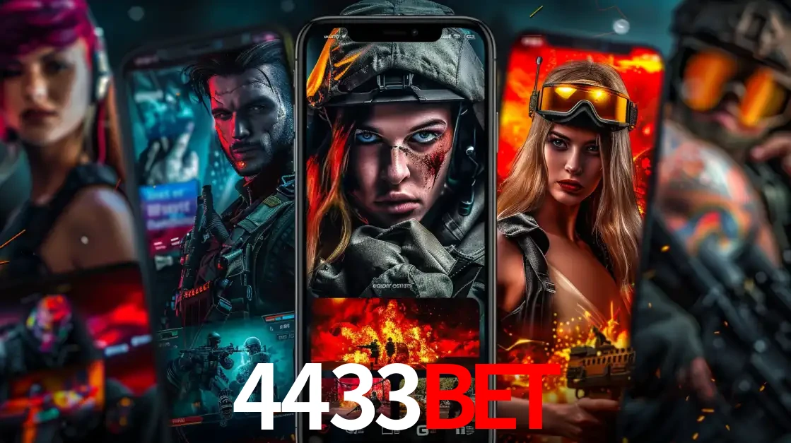 Montagem de telas de celular mostrando diversos personagens, masculinos e femininos, de um jogo de tiro, ilustrando a diversidade de equipes de e-sports para apostar no 4433bet.