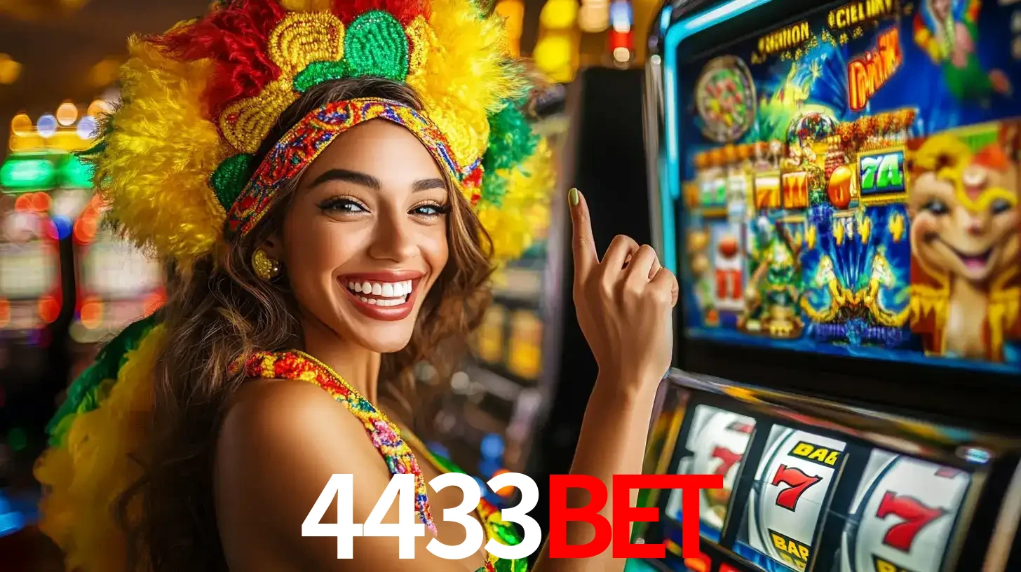 Mulher animada com um cocar de carnaval apontando para uma máquina de caça-níqueis, mostrando a emoção de ganhar um grande prêmio nos jogos do 4433bet.