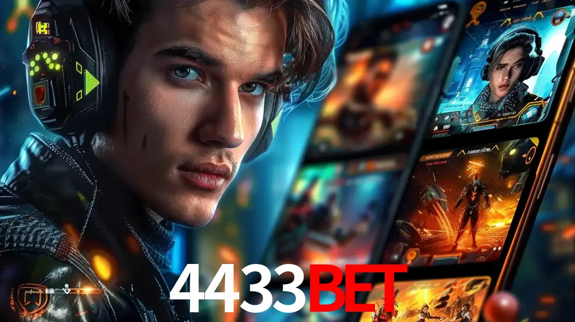 Jovem jogador com fones de ouvido olhando para a câmera, com um aplicativo de jogos e e-sports para celular ao fundo, pronto para a competição e apostas no 4433bet.