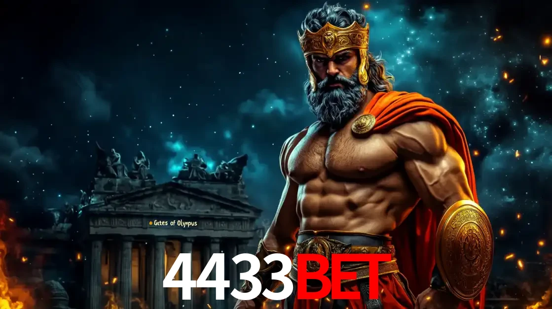 O poderoso Zeus do jogo de slot Gates of Olympus em frente ao seu templo, pronto para lançar multiplicadores divinos e prêmios épicos no cassino online 4433bet.