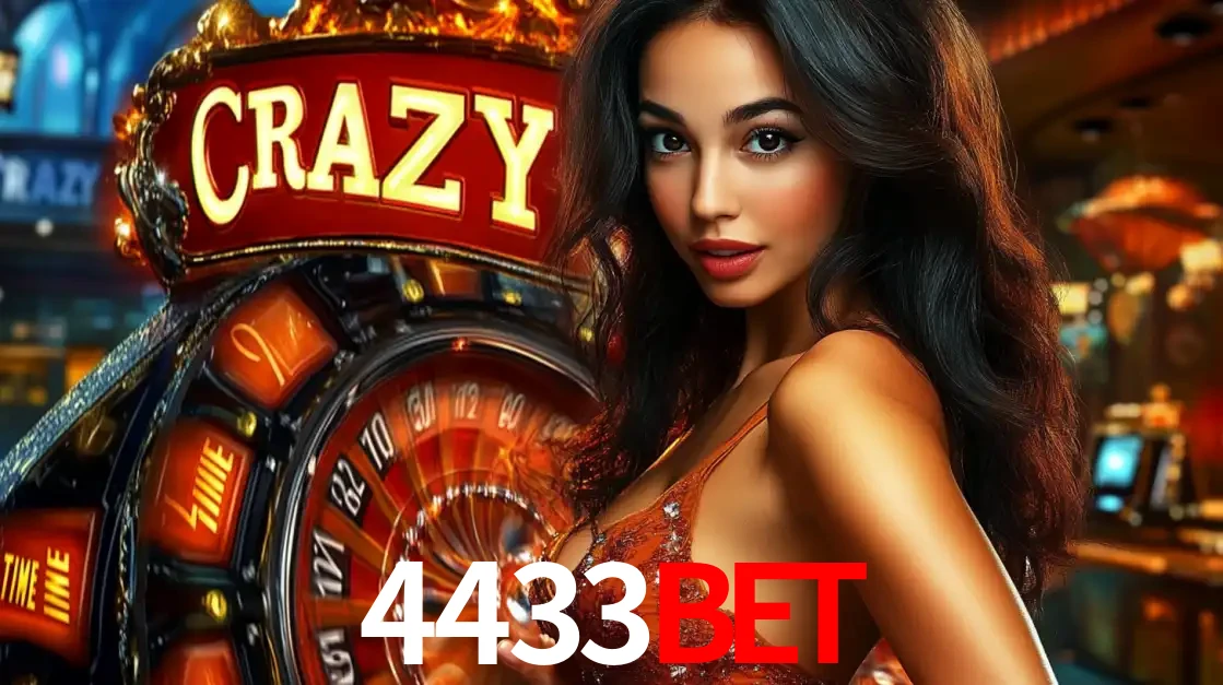 Mulher glamourosa olhando para a câmera com a roda vermelha do Crazy Time ao fundo em um ambiente de cassino, destacando a emoção dos jogos ao vivo no 4433bet.