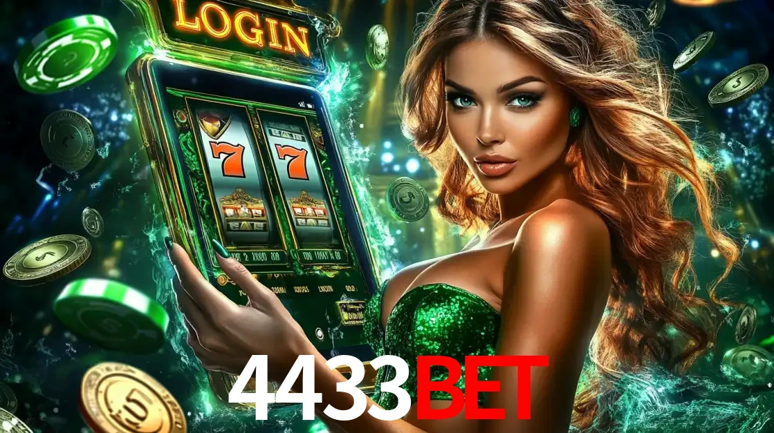 Mulher com tema verde apresentando o aplicativo do cassino 4433bet com um jogo de slot de 777, cercada por fichas de cassino e uma aura de sorte.
