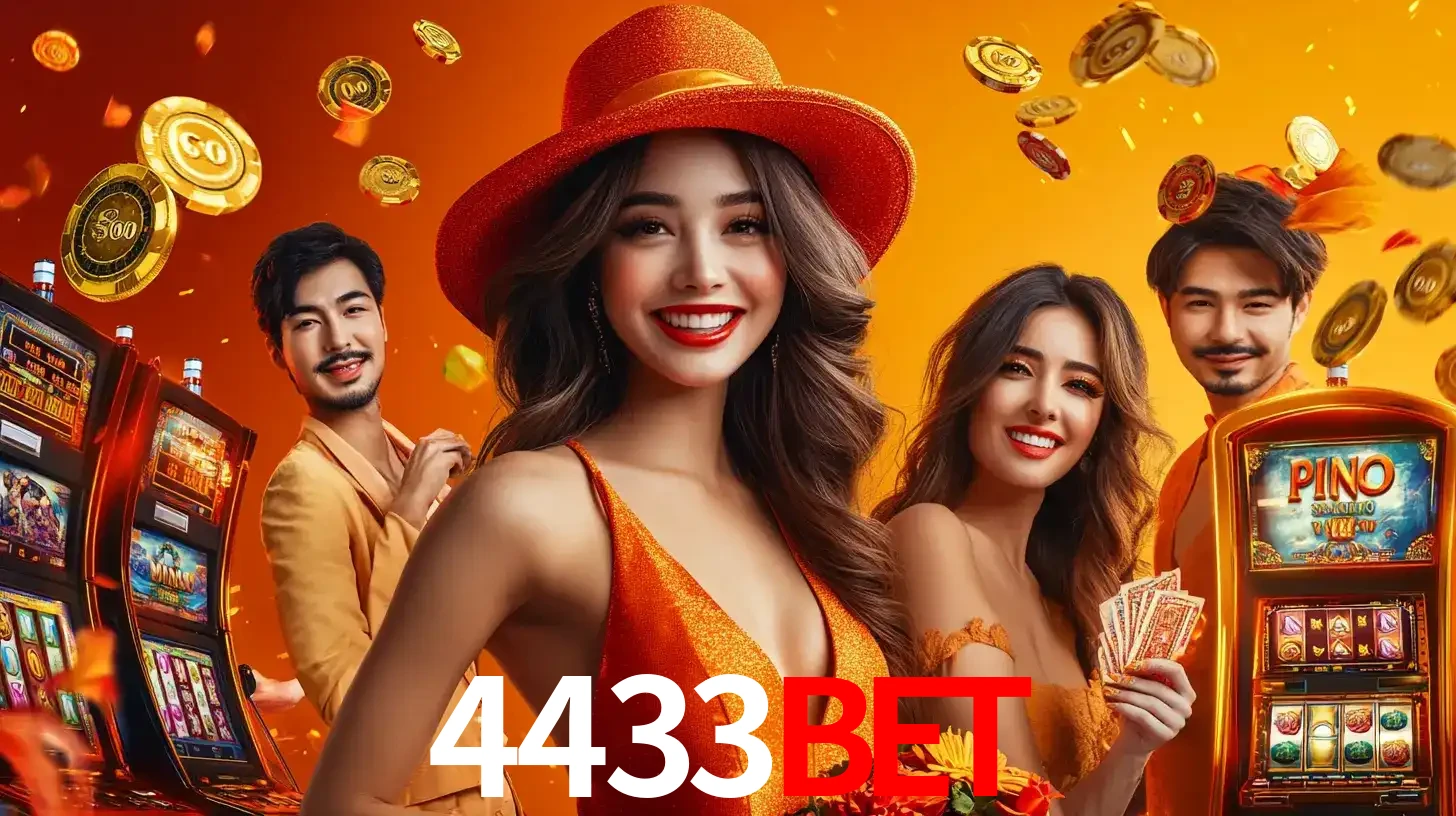 Grupo de amigos asiáticos sorrindo e se divertindo com máquinas de caça-níqueis em um ambiente festivo, celebrando suas vitórias nos jogos de cassino do 4433bet.