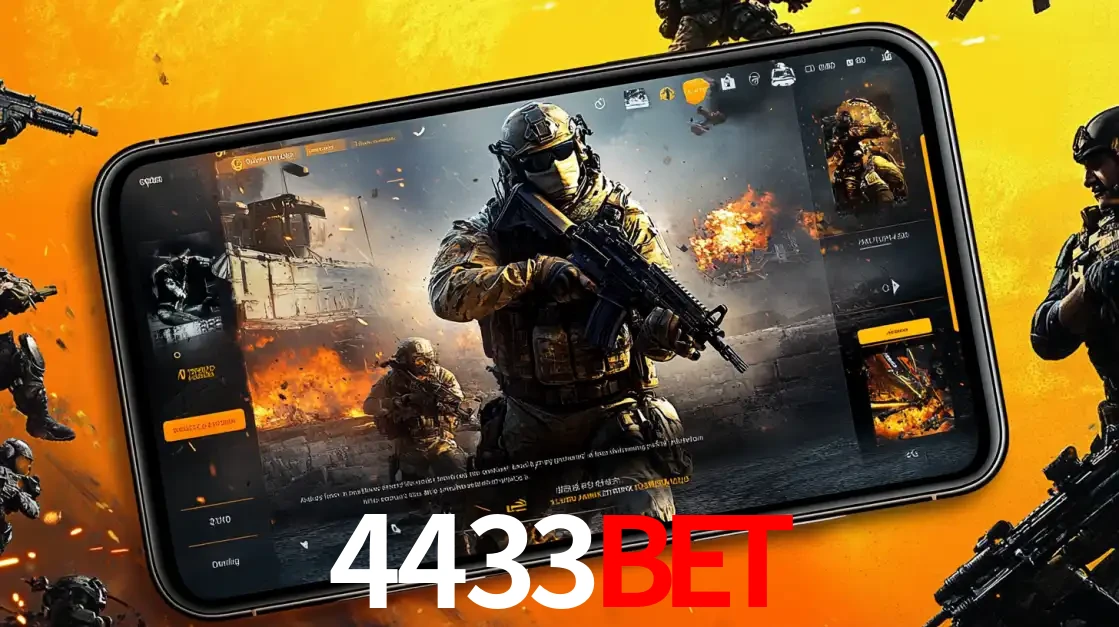 Um smartphone exibindo a interface de um jogo de tiro em primeira pessoa, com um soldado em um cenário de batalha, representando a ação dos e-sports para apostar no 4433bet.