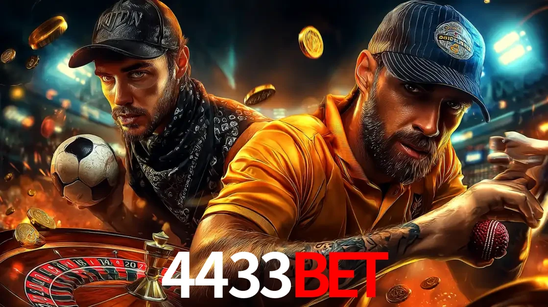 Montagem de apostas esportivas e cassino no 4433bet, com um homem segurando uma bola de futebol e outro uma de beisebol sobre uma roleta e moedas voadoras.