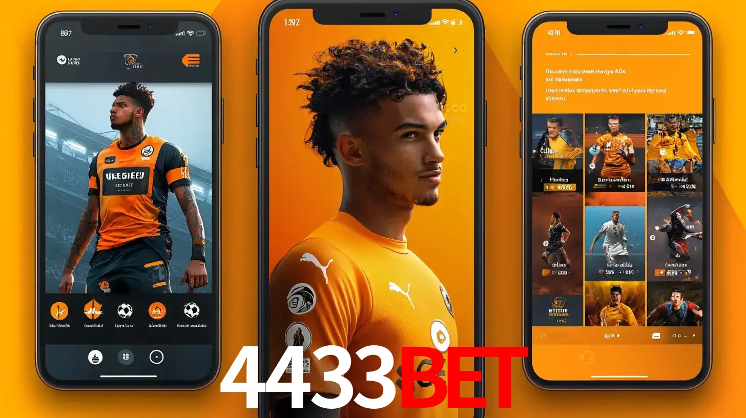 Interface do aplicativo de apostas esportivas 4433bet em três telas de celular, mostrando o perfil de um jogador de futebol e a lista de jogos disponíveis para apostar.