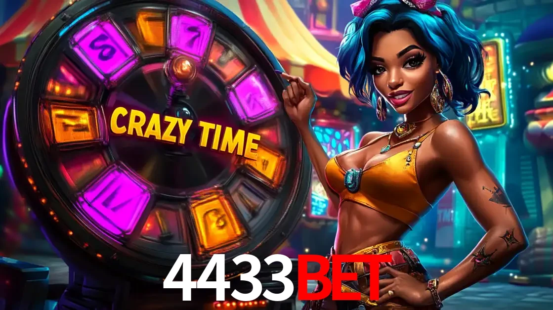 Mulher estilizada com cabelo azul e visual vibrante posando ao lado da roda de prêmios do game show Crazy Time, convidando para a diversão e os bônus do cassino 4433bet.
