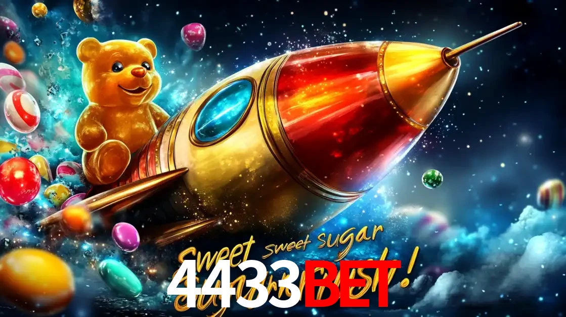 Arte promocional do jogo de slot Sugar Rush, com um urso de pelúcia em um foguete viajando pelo espaço de doces, um dos jogos divertidos disponíveis no cassino 4433bet.