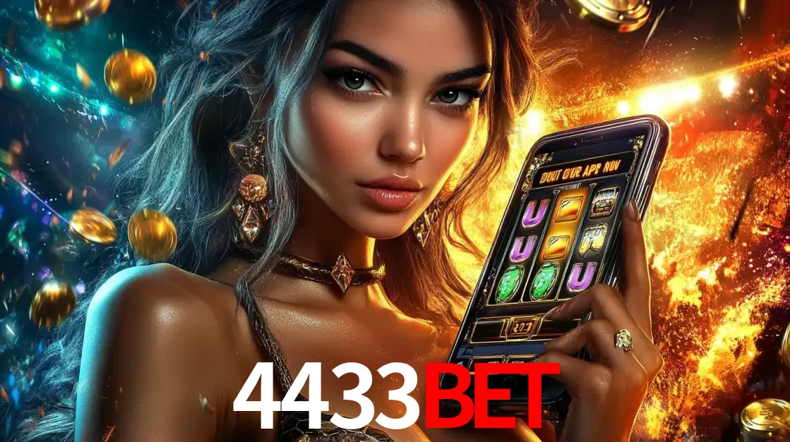 Mulher elegante mostrando um jogo de caça-níqueis em seu smartphone, destacando a experiência de cassino móvel oferecida pelo aplicativo 4433bet.