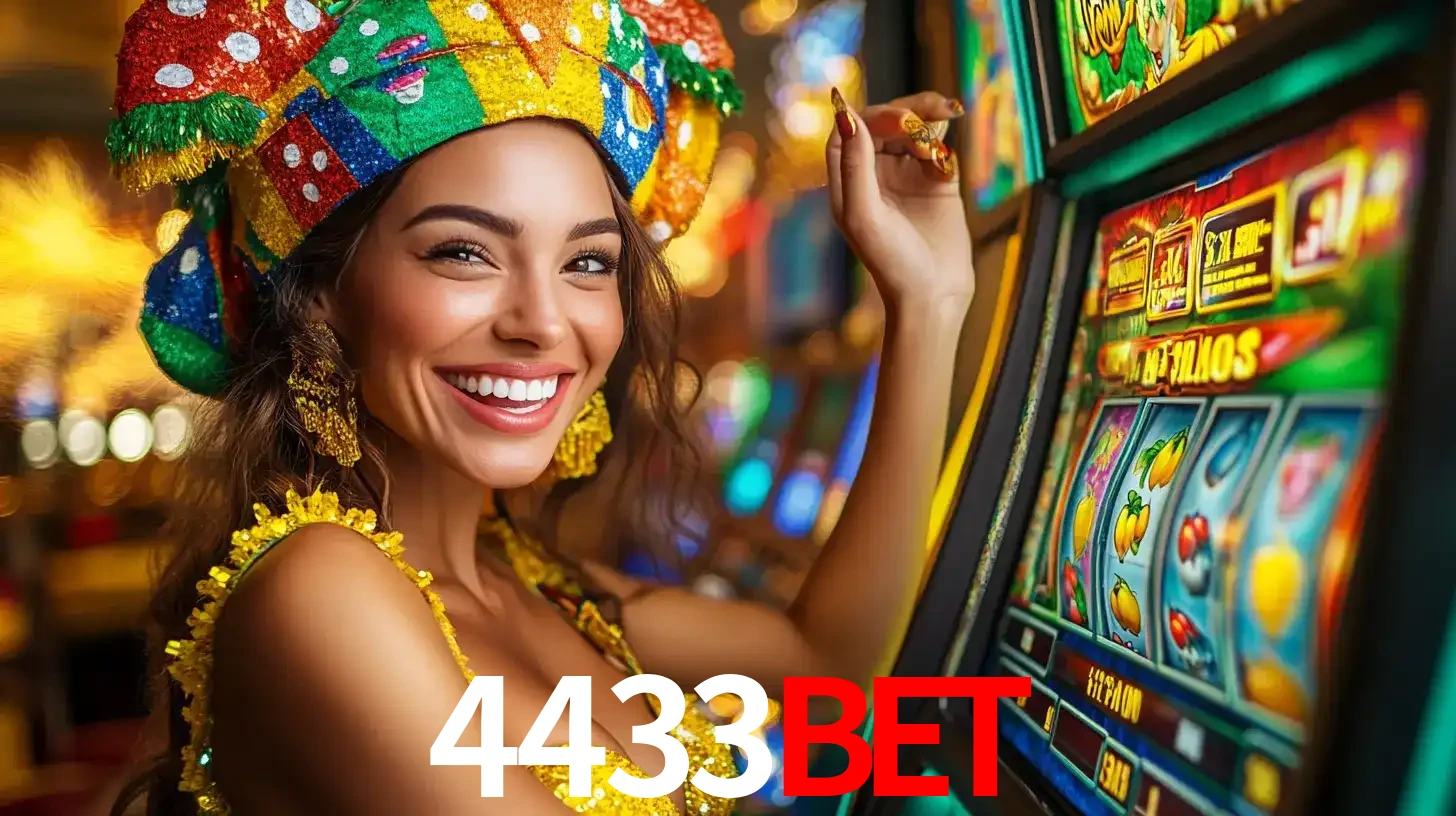 Mulher feliz com traje de carnaval amarelo e colorido ao lado de uma máquina de caça-níqueis, aproveitando a diversão e os jogos temáticos do cassino 4433bet.