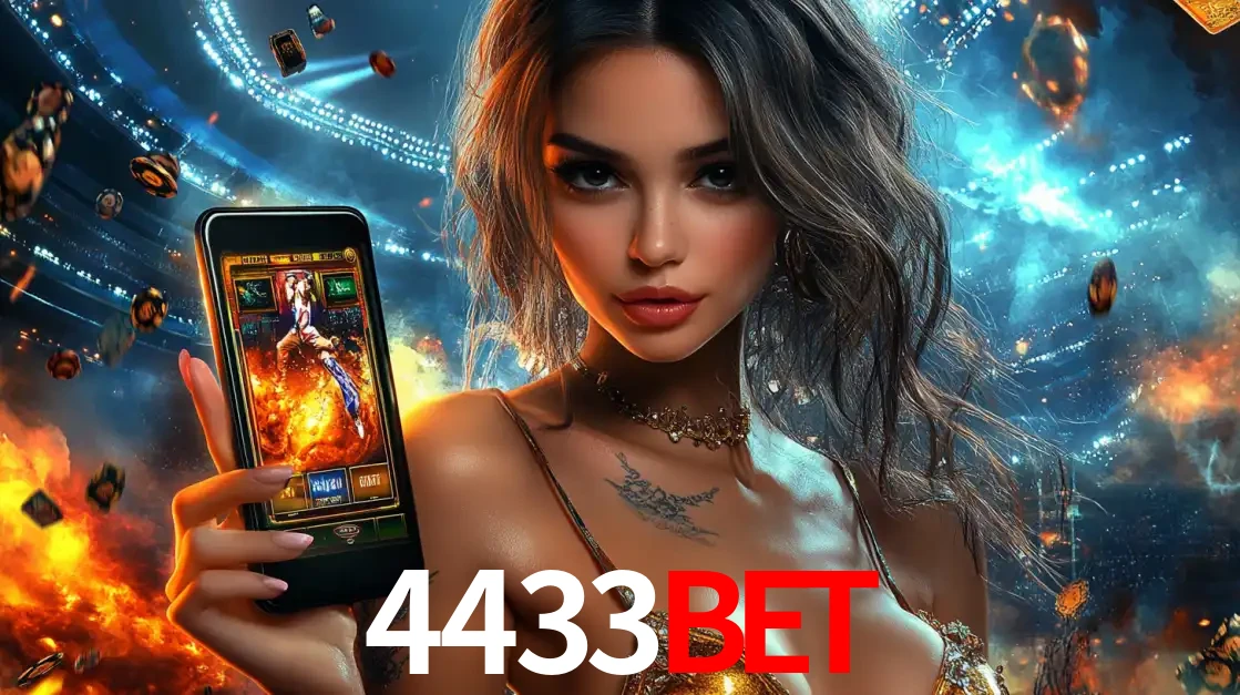 Mulher segurando um celular com um jogo de slot em destaque, tendo como fundo um estádio vibrante, simbolizando a emoção de jogar no cassino móvel 4433bet.