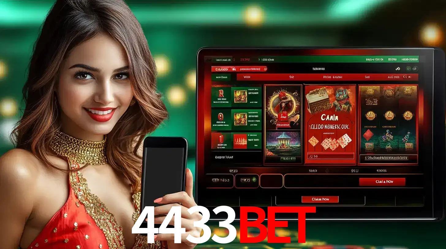 Mulher sorridente segurando um smartphone, ao lado de uma tela exibindo o lobby de jogos do cassino online 4433bet, com várias opções de jogos de cartas e slots.